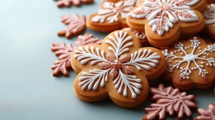 artfully arranged gingerbread cookies on pastel backdrop whimsical shapes intricate icing details warm goldenbrown tones soft shadows minimalist composition festive holiday baking theme
