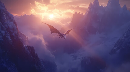 Obraz premium Generative AI, Majestic Dragon Soaring Into the Sunlit Horizon