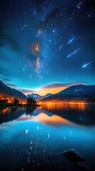 Night sky filled with meteor showers above a tranquil lake, the stars reflecting perfectly on the water
