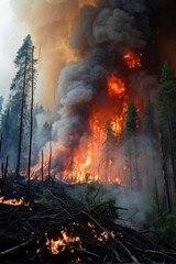 Catastrophic forest fire engulfing everything in flames. A horrific scene unfolds as a forest burns uncontrollably, with flames raging in all directions. generative AI