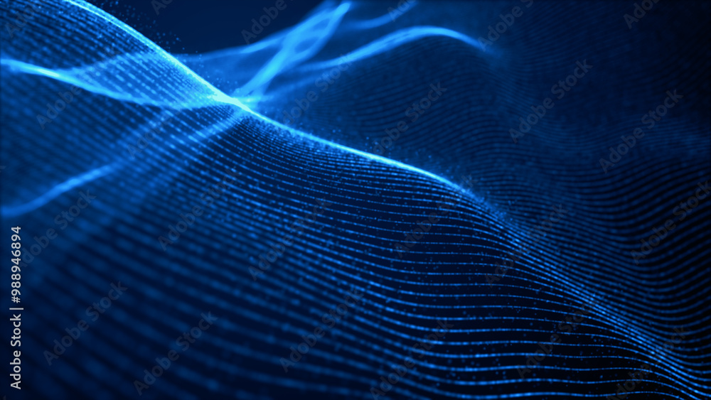 Poster A futuristic abstract image featuring flowing blue waves and glowing lines, resembling digital grids or data streams in motion. 3D rendering.