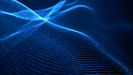 A futuristic abstract image featuring flowing blue waves and glowing lines, resembling digital grids or data streams in motion. 3D rendering.