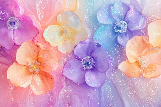 A beautiful alcohol ink gradient background with flowers, pastel rainbow colors, glitter, and shimmering details. 