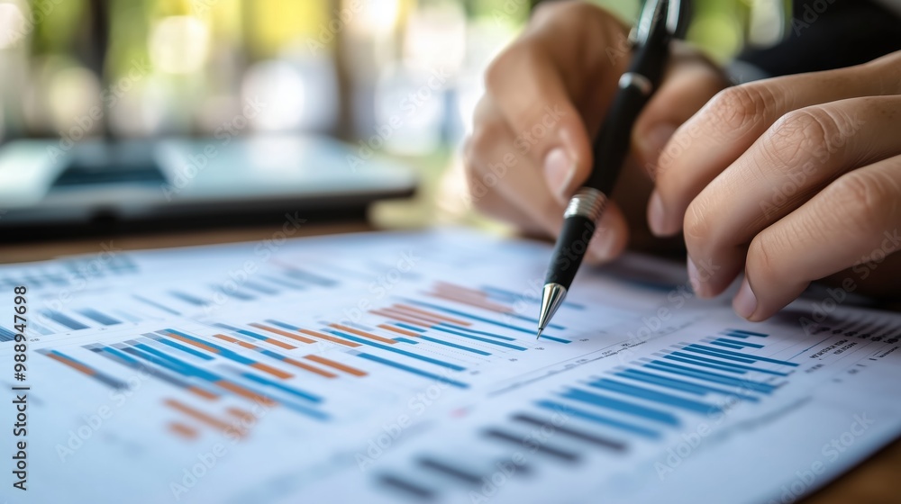 Poster analyzing financial data charts with a pen in a modern workspace during daylight