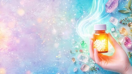 A homeopathy bottle held in a glowing hand