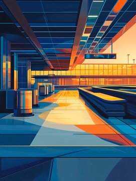 Modern airport interior with vibrant colors.