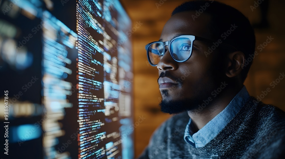 Poster man in glasses observing code on a computer screen