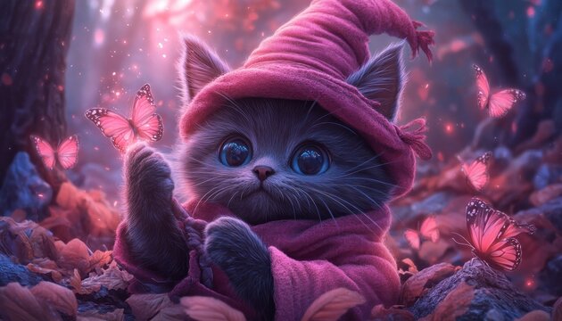 Adorable Black Cat Dressed as a Tiny Wizard Casting a Spell Surrounded by Glowing Butterflies in a Magical Forest Setting, Cute Animal Fantasy Art - Powered by Adobe