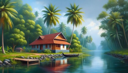 Obraz premium A serene tropical landscape featuring a small house beside a river, surrounded by lush coconut trees and mountains in the background 