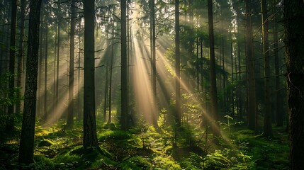 Obraz premium Foggy morning in the forest with sunbeams and rays