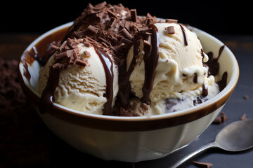 A scoop of rich, dark chocolate ice cream in a handmade waffle cone, brownie with icecream, drizzled with dark chocolate ganache and topped with edible gold flakes.