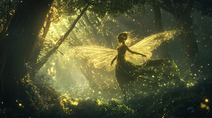Obraz premium Generative AI, Mischievous Faerie Darting Through a Glowing Forest
