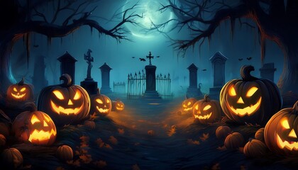 Jack O' Lanterns Glowing Eerily in a Creepy Graveyard Under the Spooky Night Sky, Surrounded by Tombstones, Bare Trees, and a Full Moon, Creating a Chilling Halloween Backdrop