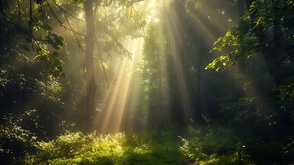 Fototapeta premium Foggy morning in the forest with sunbeams and rays