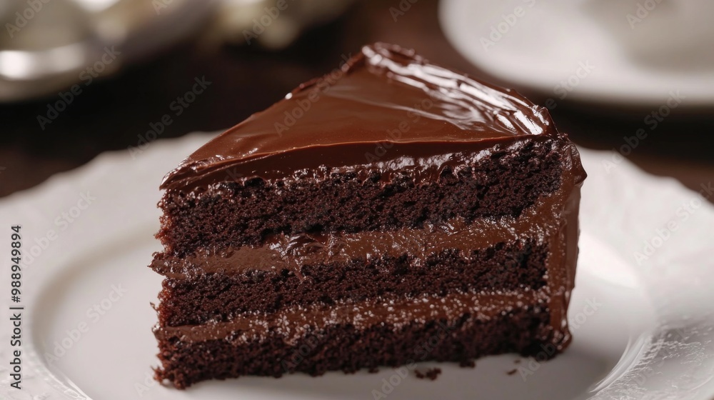 Poster a close-up shot of a slice of rich chocolate cake with a glossy ganache, showcasing the moist textur