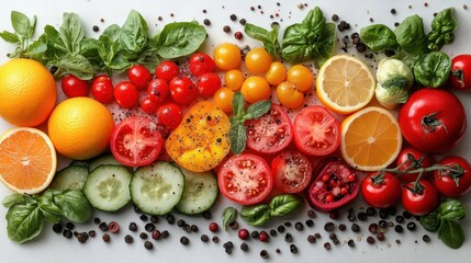 artistic food photography of fresh vegetables arranged on crisp white surface vibrant colors and textures overhead view emphasizes organic shapes and variety