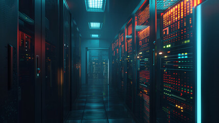 Fototapeta premium A server room within a data center equipped with essential IT infrastructure, featuring densely packed racks of servers, storage systems, and networking hardware.