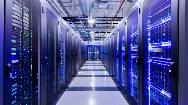 A data center server room with critical IT infrastructure, including high-density racks of servers, storage devices, and network equipment.