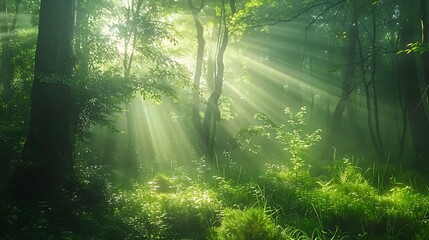 Foggy morning in the forest with sunbeams and rays