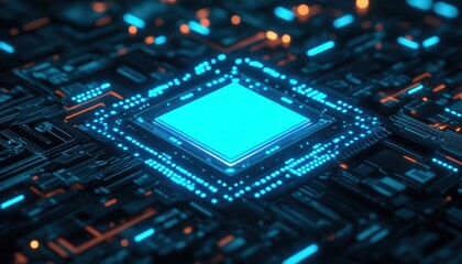 Fototapeta premium A glowing blue microchip surrounded by intricate circuitry, showcasing a futuristic technology concept.