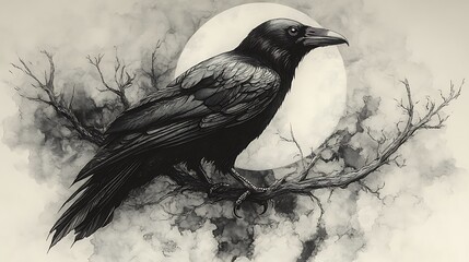 A black and white illustration of a raven perched on a branch with a crescent moon behind it, detailed feathers, mystical atmosphere, high contrast, minimalist style.  --ar 16:9 --no logo