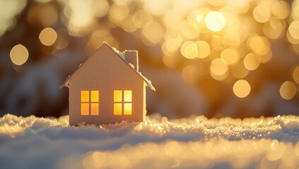Cozy Winter Home: A miniature house with glowing windows stands in the snow, bathed in the warm glow of the setting sun, evoking a sense of warmth and comfort. 