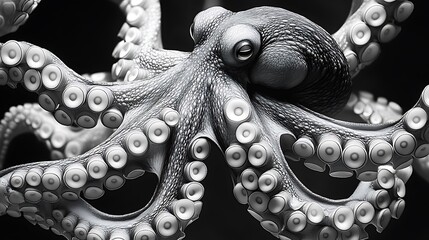 Obraz premium A black and white illustration of octopus tentacles spiraling outward, with detailed suction cups and textured skin, symbolizing intelligence and adaptability, bold contrast between light and dark.