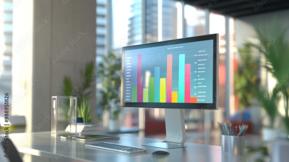 Leinwandbilder a colorful 3d bar chart displayed on a computer screen in a modern office, with a business professio
