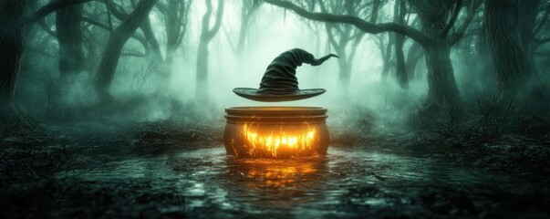 Enchanted Witch Hat Glowing with Eerie Magic, Floating Above a Dark Fog-Covered Cemetery, Halloween Spooky Magic, Witchcraft Mystery, Supernatural Scene, Halloween Decoration, Occult Art, Dark
