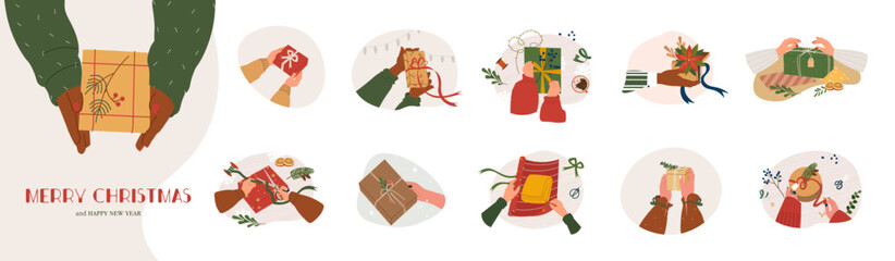 Set of hands in cozy sweater holding christmas gift with red bow vector isolated illustration. Stylish female and male hands opening, wrapping present, preparing gift for Christmas, new year souvenirs