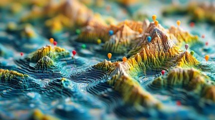 A 3D-rendered map with raised terrain features, marked with brightly colored pins, offering a dynamic view of the geography and marked locations