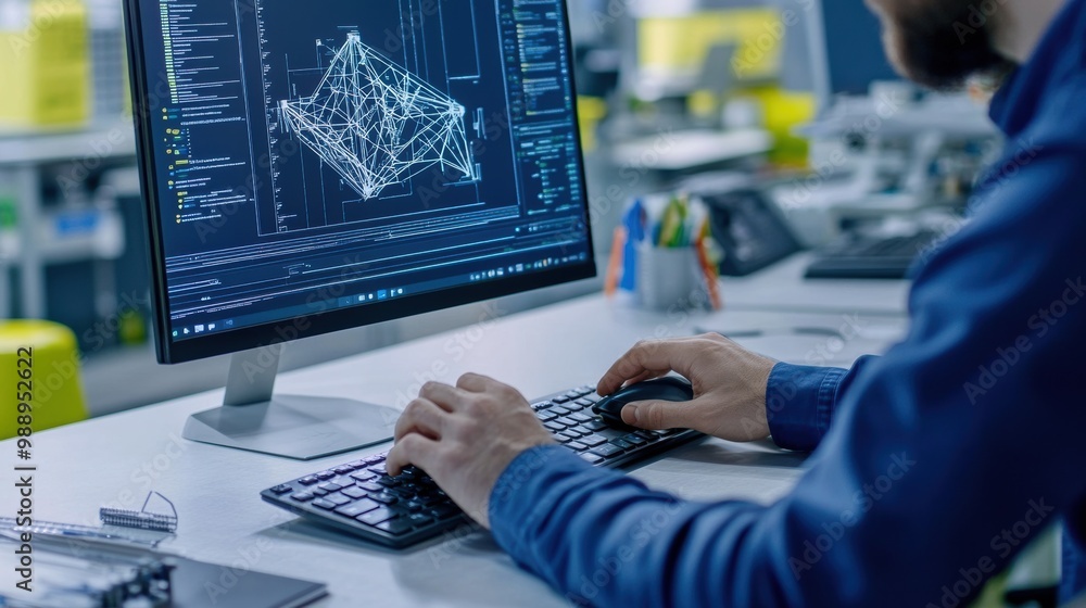 Poster computer user working on 3d design and analysis project