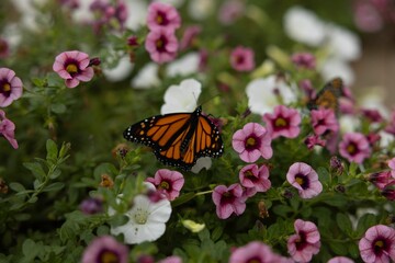 Monarch butterfly on pink and white flowers in a garden.
