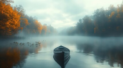 autonomous solarpowered rowboat gliding through misty autumnal lake surrounded by droneplanted reforestation efforts on distant shores