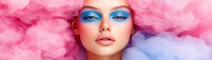 Naklejka premium Enchanting Witch Makeup Look Whimsical Blue Eyeshadow, Pink and Blue Color Palette, Modern Halloween Inspiration Bold Patterns and Whimsical Accessories Elevate Your Costume Game Playful Witch Vibes