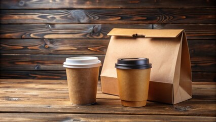 Craft paper coffee cup and food box on wooden table