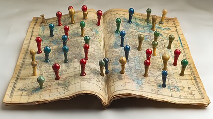 A detailed map spread out, with vibrant red, blue, and green pins marking specific locations, set against a neutral background with soft shadows highlighting the mapâ€™s contours