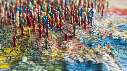 A detailed map spread out, with vibrant red, blue, and green pins marking specific locations, set against a neutral background with soft shadows highlighting the mapâ€™s contours