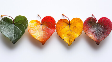 A photograph with heart shaped leaves with different colors.