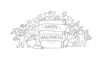 Halloween background with cute doodle magic book, spooky ghosts, bats and zombie hand. Halloween poster with happy characters in witch costumes, vector hand drawn illustration