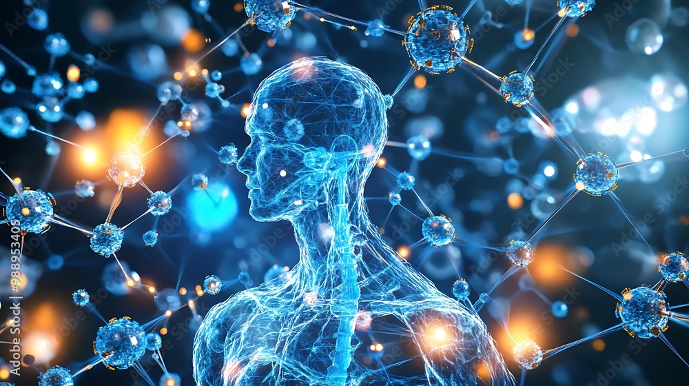 Poster a digital rendering of a human figure with interconnected atoms and molecules.