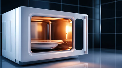 Fototapeta premium A white microwave oven with a plate inside of it, AI