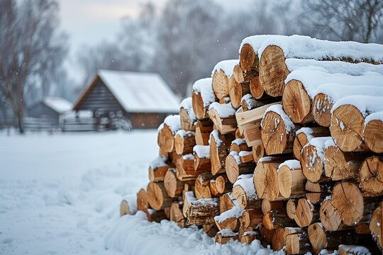 A covered heap of chopped firewood in a snowy winter and a wooden hut in the background