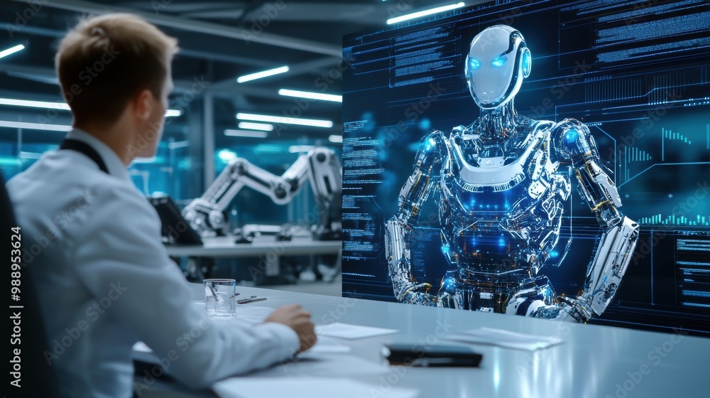 Poster ai interaction in a futuristic workspace