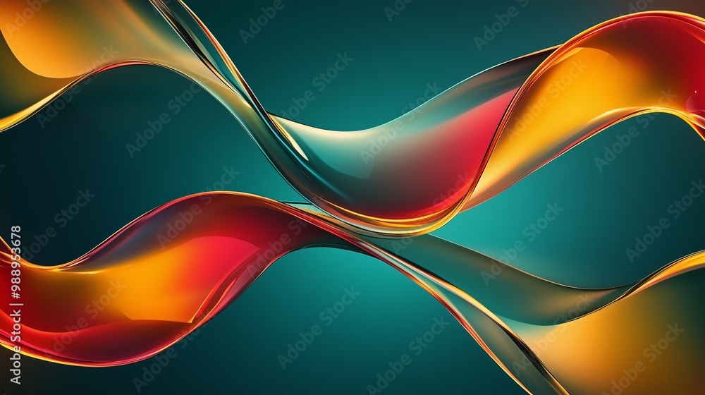 Poster colorful abstract waves of red and yellow intertwine with blue background creating a vibrant and dyn