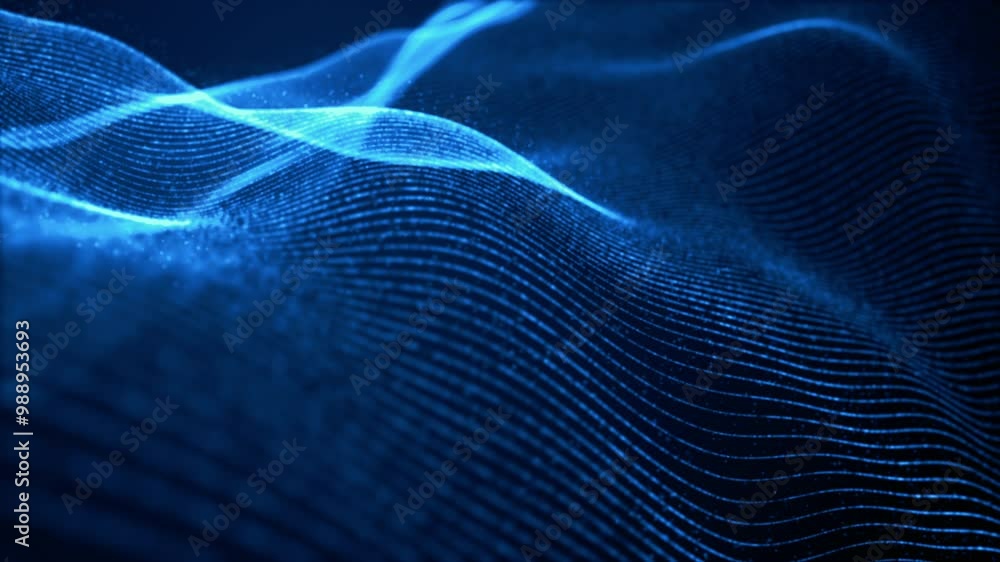 Poster a futuristic abstract image featuring flowing blue waves and glowing lines, resembling digital grids