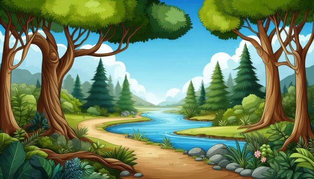 A vibrant and colorful cartoon landscape featuring a winding river, lush trees, a dirt path, rolling hills, and a bright blue sky with fluffy clouds