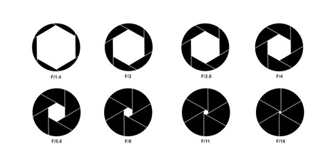 Set of Camera shutter  Diaphragm Icons and symbol, camera Aperture and Lens Focus for adjustment guide, isolated on white background.