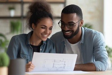 Happy couple analyzing blueprints during home renovation process, Generative AI