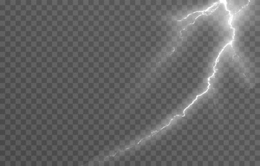 Lightning on an isolated transparent background. Flash of light, lightning png. Thunderstorm, natural phenomenon. Effect lightning png. Vector illustration.